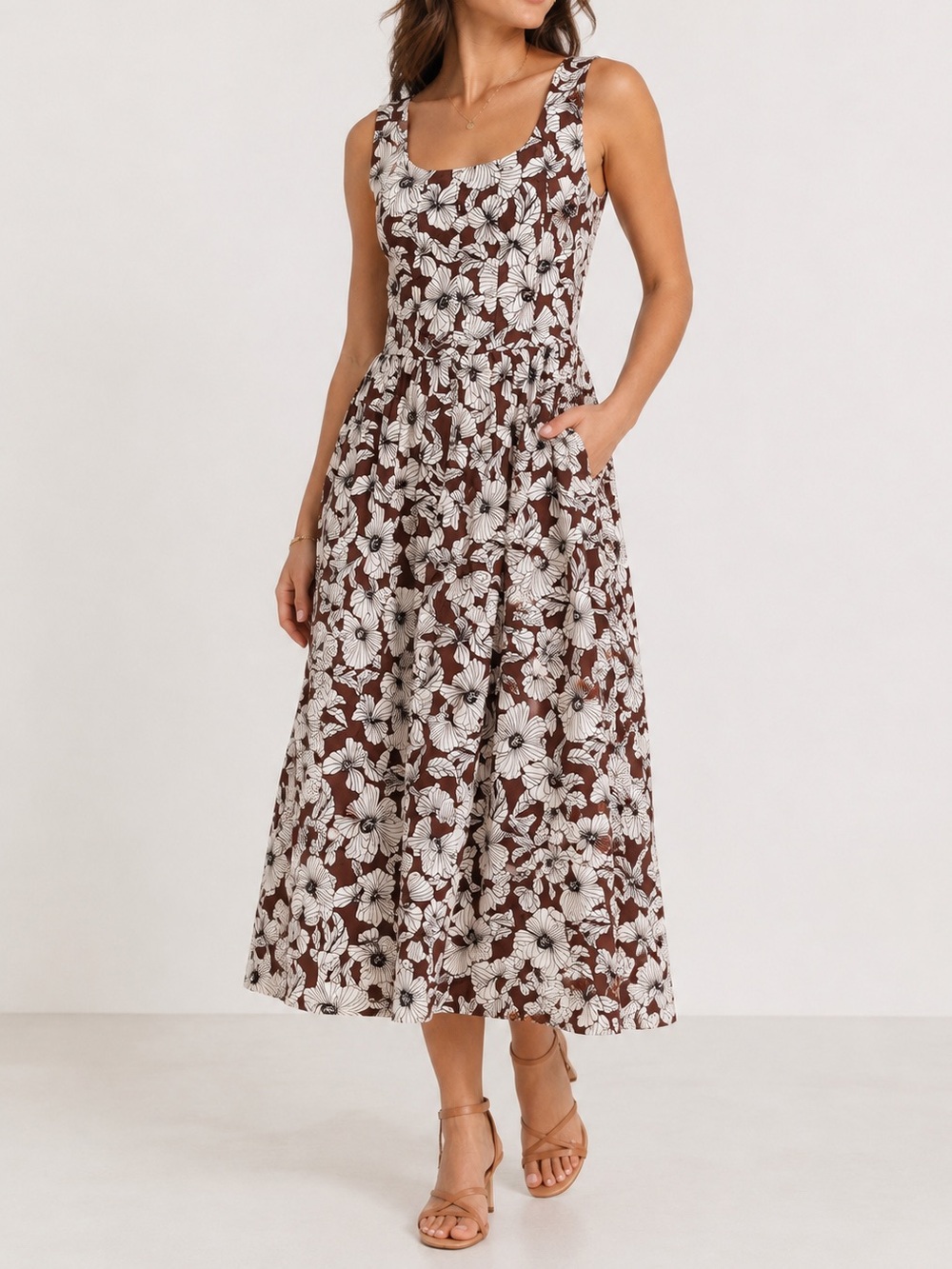 Joie Floral Cotton Midi Dress Pockets NWT Chocolate Ivory 12